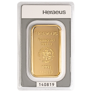 100 Gram Heraeus Gold Bullion Bar