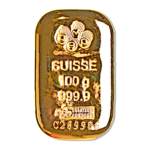 100 Gram PAMP Swiss Cast Gold Bullion Bar - JG Test Use